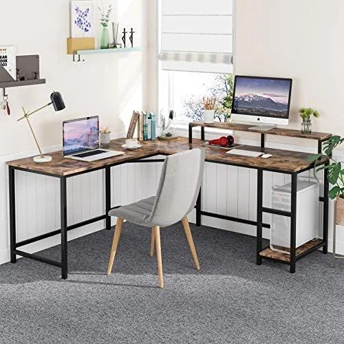 KHBIULIFE 55" L-Shaped Computer Desk  Office Desk Wood Corner Desk with Shelves  Large PC Gaming Desk with Monitor Stand Office Table for Home and Office  Rustic Brown