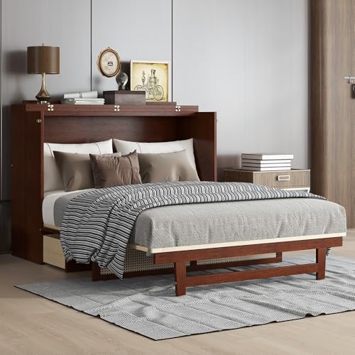 KEIKI Queen Size Cabinet Murphy Bed with Rattan Decoration and Drawers, Multiple Storage Foldable Hideaway Wall Murphy Bed Frame with Slats, No Box Spring Needed, Easy Assembly, for Bedroom, Walnut