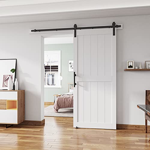 48''x84'' Sliding Barn Door with 8 Ft Barn Door Hardware Kit& Handle& Floor Guides,Pre-Drilled Holes Easy Assembly - Include Installation Manual, Water-Proof PVC Surface, H-Frame, White