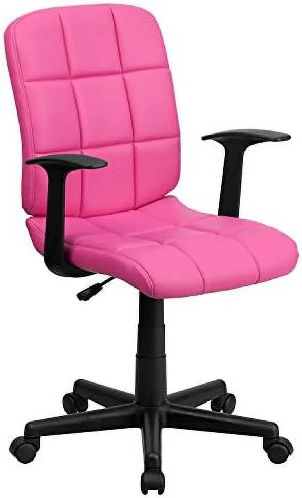 TJUNBOLIFE Mid-Back Pink Quilted Vinyl Swivel Task Office Chair with Arms
