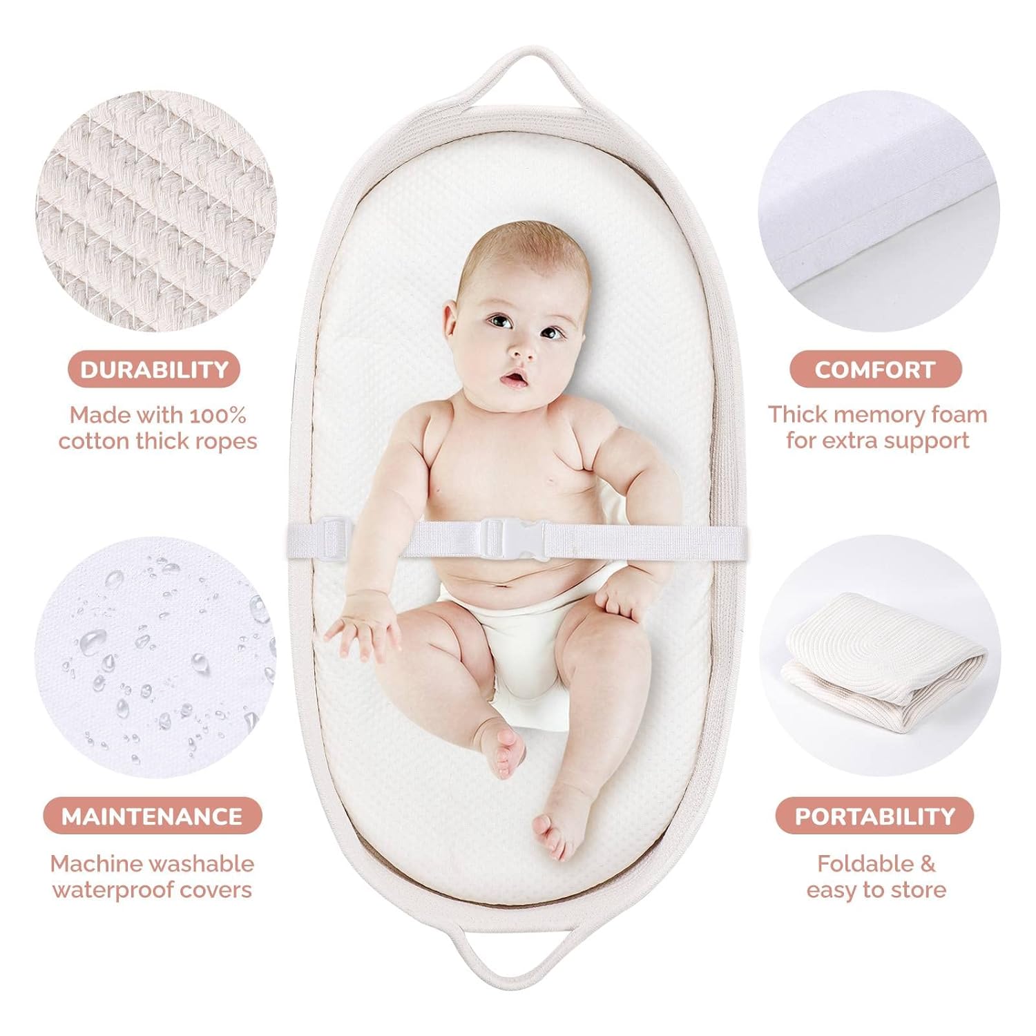 Luxury Little Baby Changing Moses Basket with Memory Foam Mattress, Waterproof Changing Pad Covers, Boho Changing Station for Nursery Decor, 100% Cotton Rope, Portable Baby Lounger