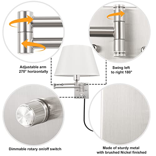 TRLIFE Dimmable Wall Sconce Plug in, Wall Sconces Set of Two Swing Arm Wall Lights with Plug in Cord and On/Off Dimmer Rotary Switch, 11.8
