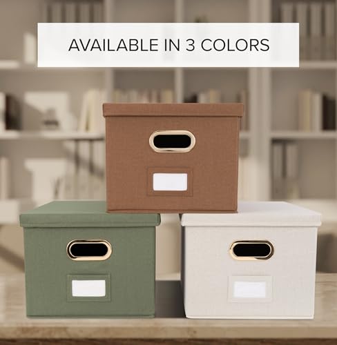 ZICOTO Decorative File Organizer Box Set of 2 - Collapsible Linen Filing Cabinets w/Handles Are Perfect to Store all Your Documents & Hanging File Folders - Portable Easy Slide Crates with Lid