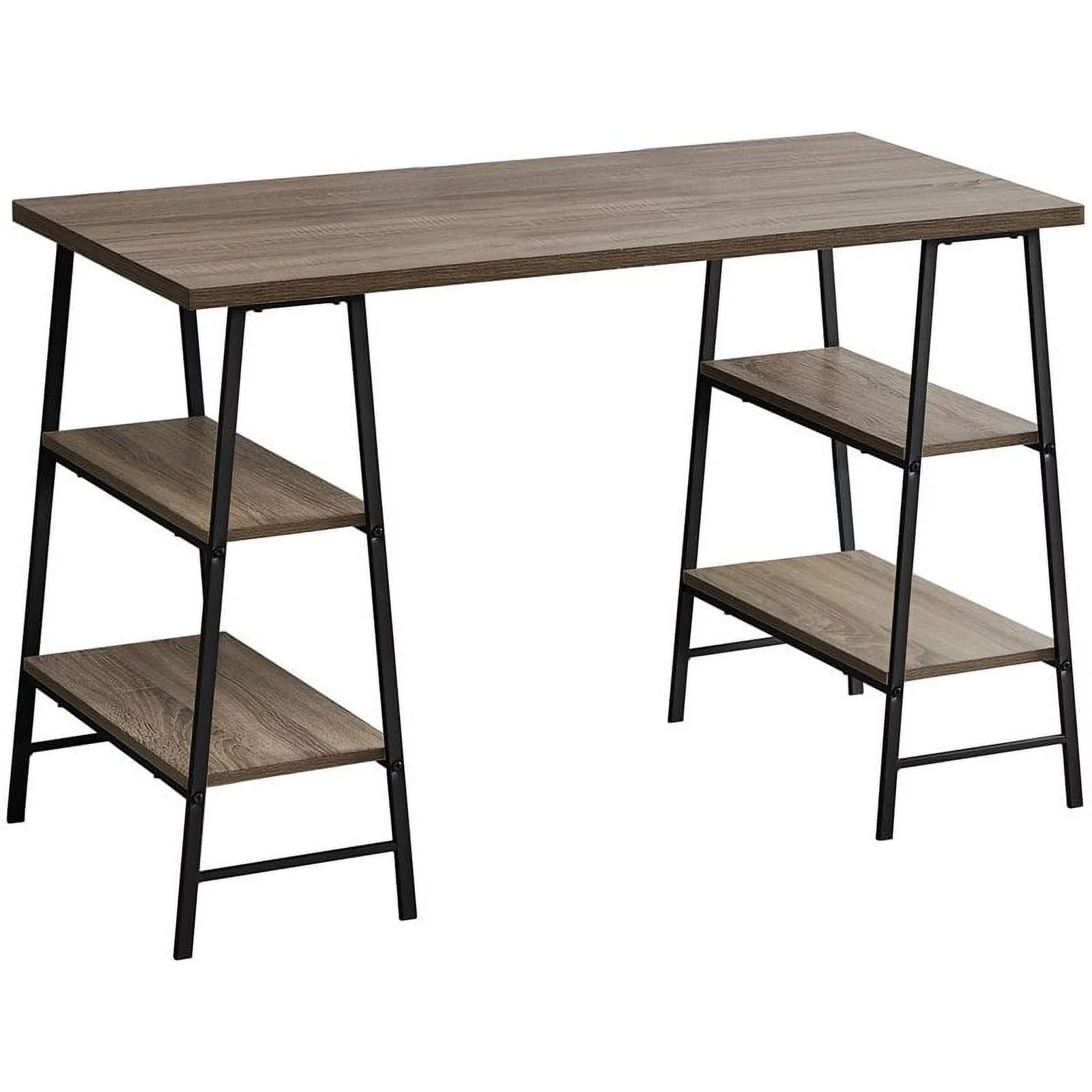 Pemberly Row 3 Tier Wood Top Sawhorse Computer Desk in Dark Taupe and Black
