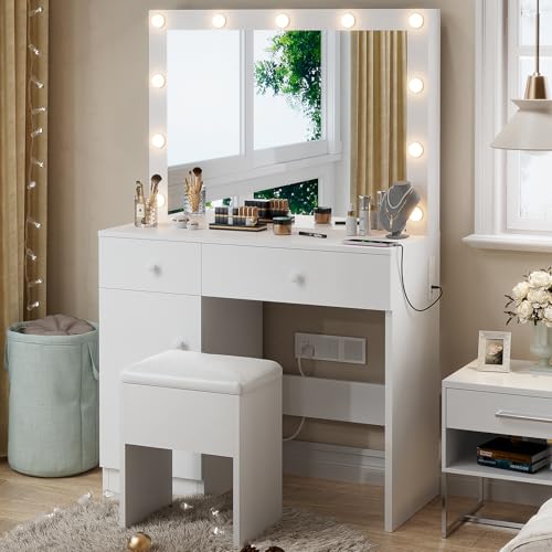 Haewon Vanity Desk with Mirror and Lights, White Makeup Vanity with Power Outlet and 3 Color Light Modes, Dressing Table Set with Drawers Cabinet and Storage Chair for Bedroom
