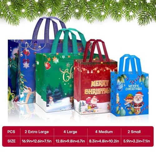 24 Pack Christmas Gift Bags Assorted Sizes, Reusable Tote Bags Includes 4 Extra Large 17