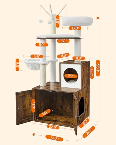 Feandrea Cat Tree with Litter Box Enclosure, 2-in-1 Modern Cat Tower, 55.1-Inch Cat Condo with Scratching Posts, Removable Pompom Sticks, Rustic Brown UPCT113X01
