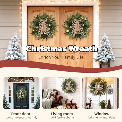 24 Inch Winter Christmas Wreath for Front Door with Storage Bag - Gold Apple & Blue/White Berry Holiday Wreath with Buffalo Plaid Bow - Realistic Greenery for Outdoor Christmas Decorations