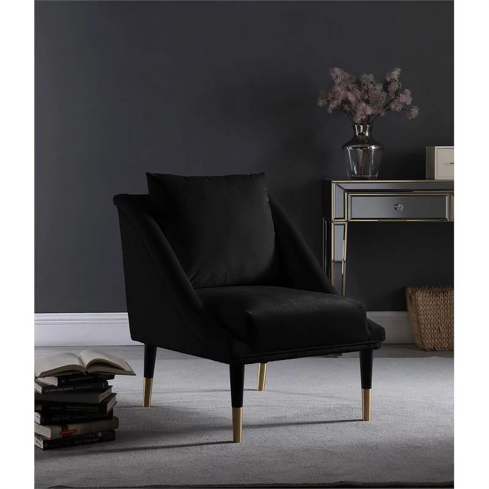 Pemberly Row Contemporary Velvet Accent Chair in Soft Black/Black/Gold