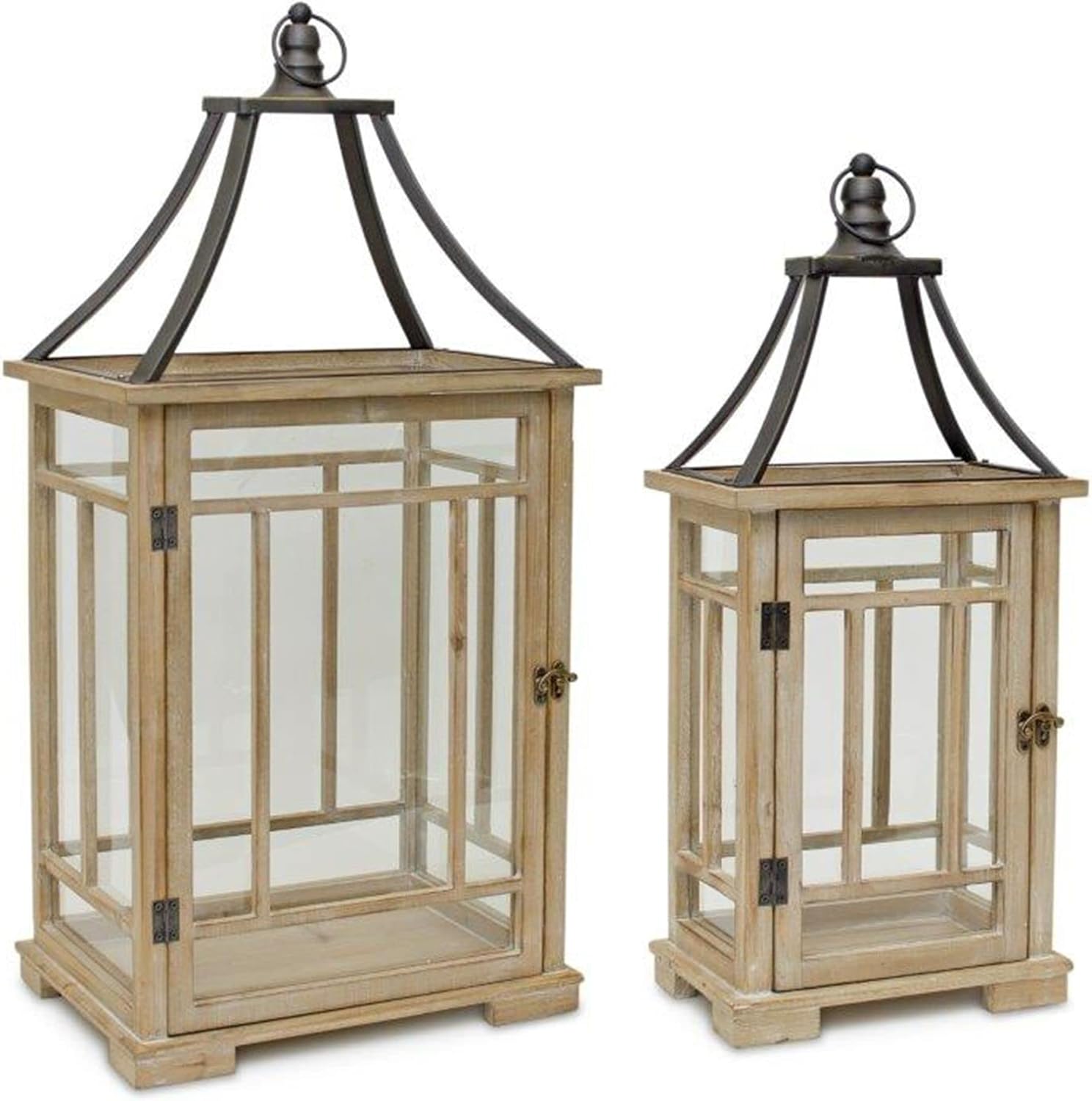 Melrose Lantern, 23 and 31 inches Height, Set of 2 , Wood and Metal, Decorative Rustic Wooden Candle Lantern