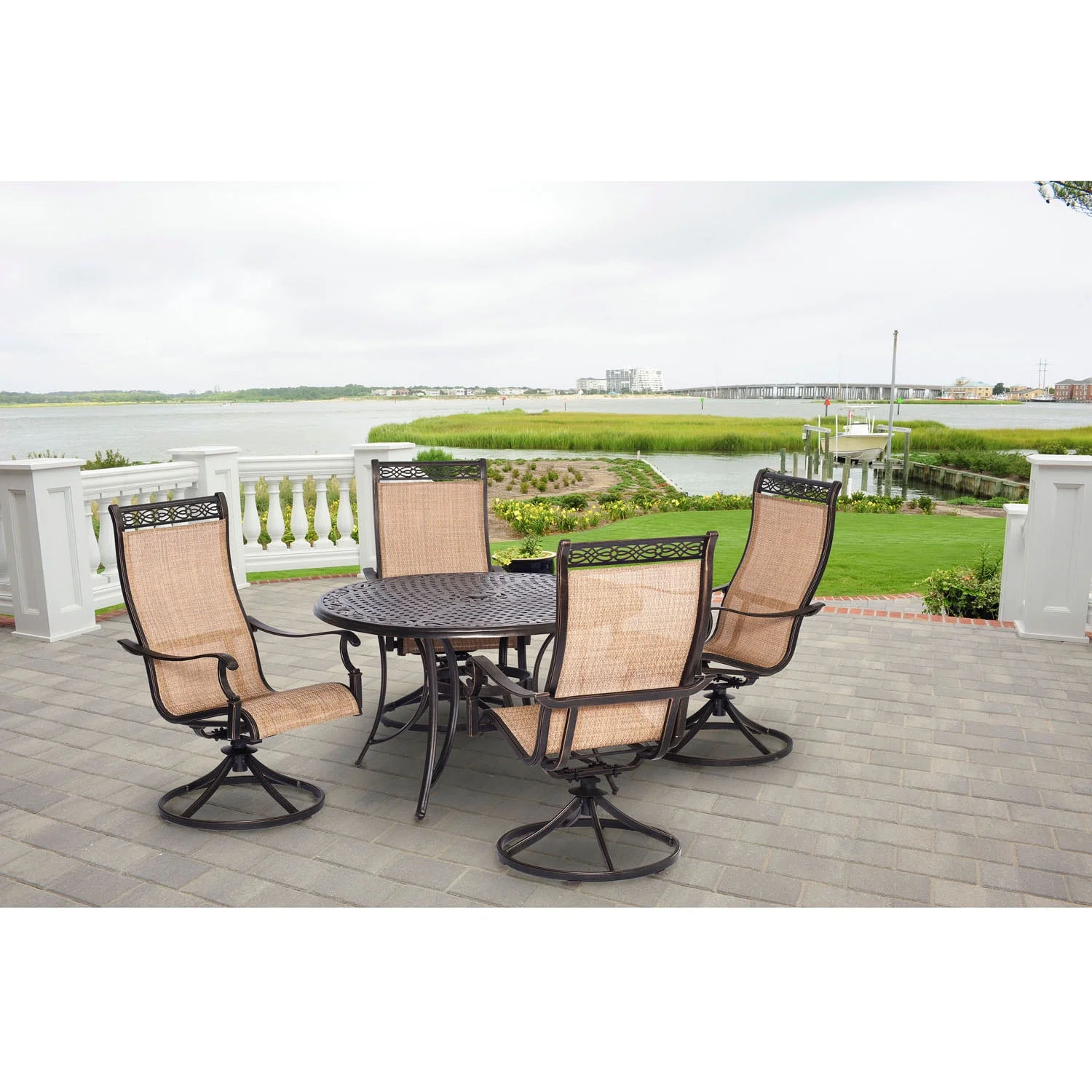 Cambridge Outdoor Legacy Seats 4 5-Piece Aluminum Dining Set with Four Swivel Rockers, Tan