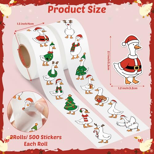 Christmas Goose Roll Stickers - 1000Pcs Silly Cartoon Xmas Tree Snowman Goose Vinyl Decals for Kids, Funny Animals Theme Stickers Gifts for Christmas Party Home Decor Laptops Guitars Luggage