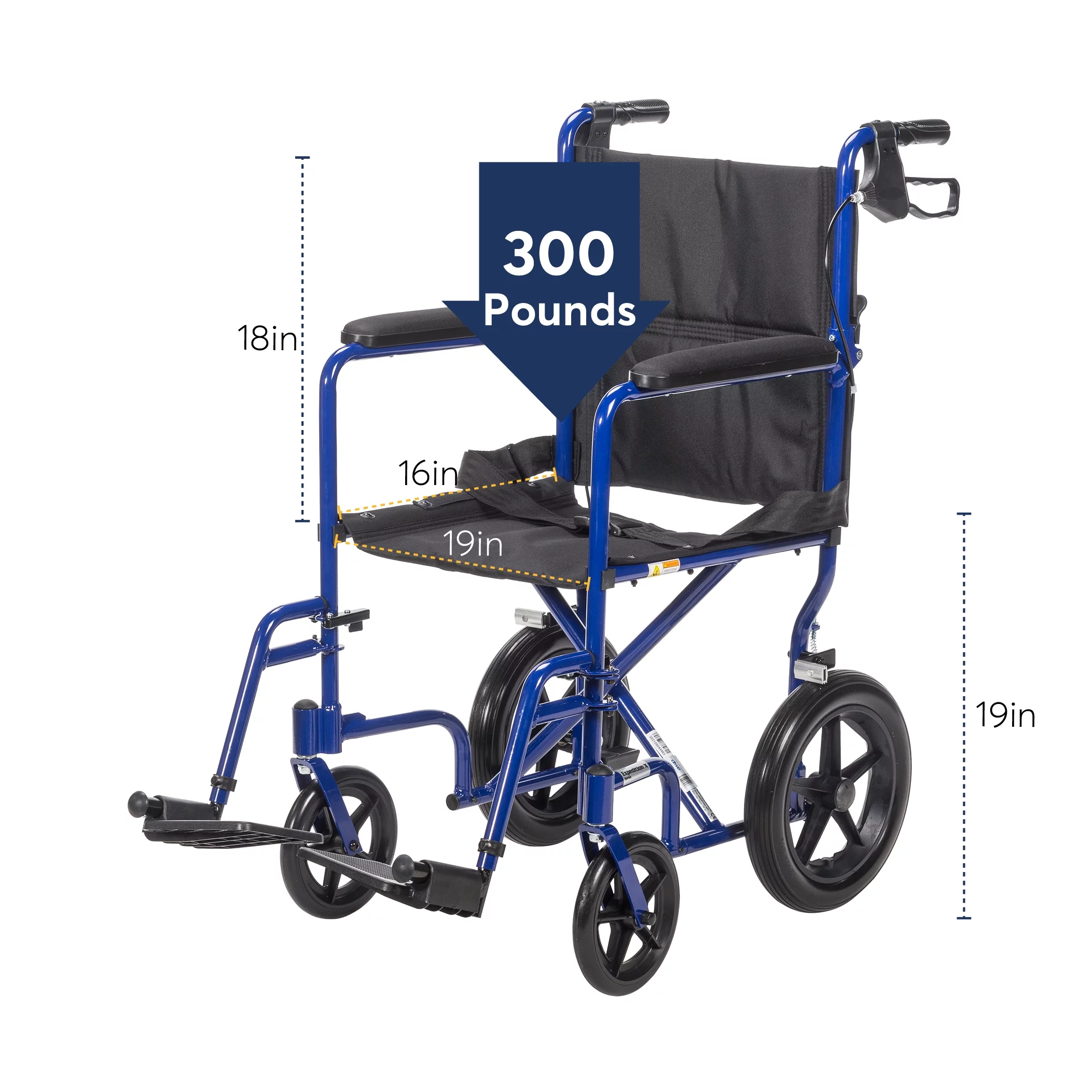 Drive Medical Lightweight Expedition Transport Wheelchair with Hand Brakes, Blue, 19