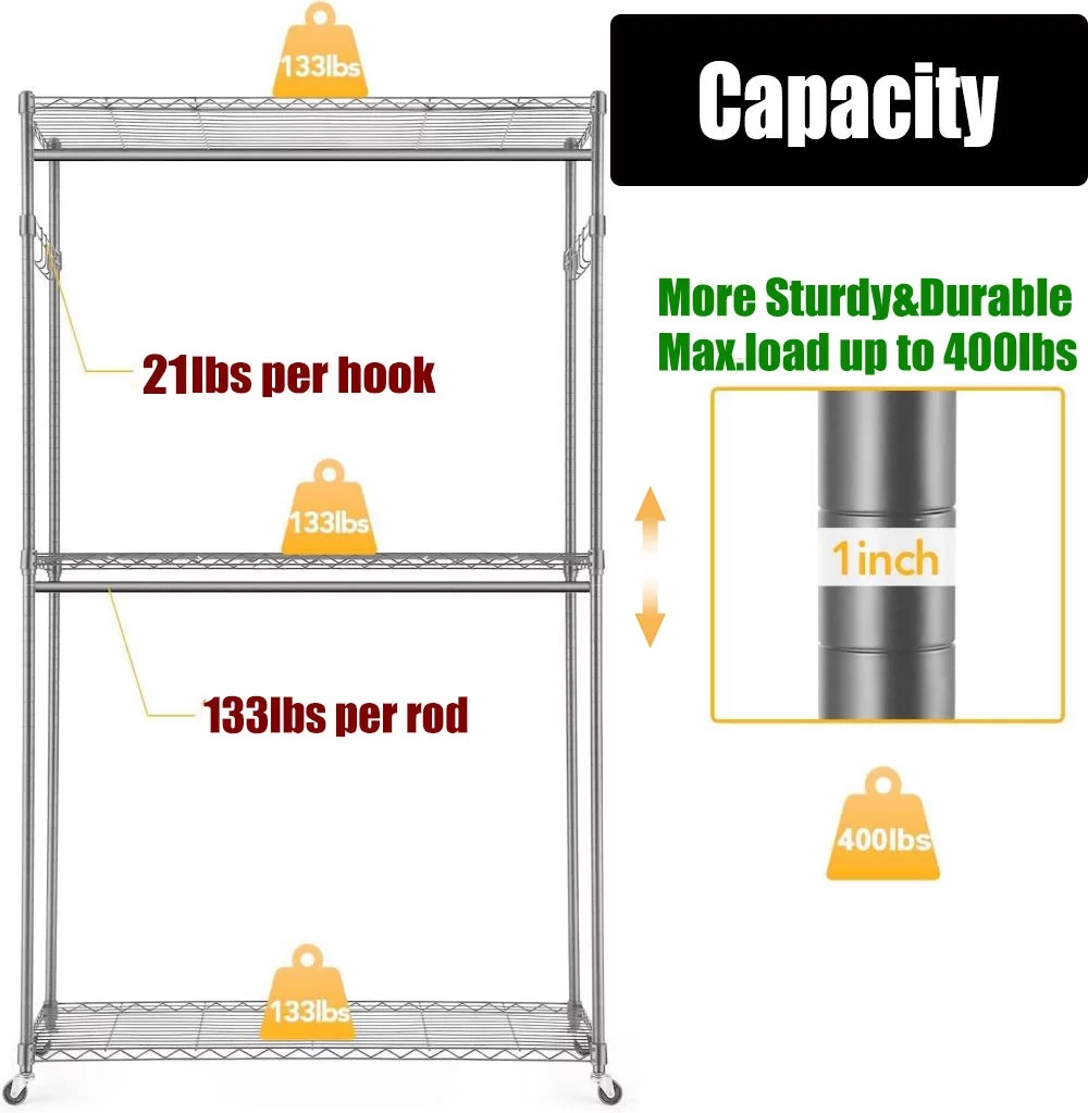 Garment Rack 3 Tiers Heavy Duty Clothes Rack Rolling Free-Standing Clothing Closet Rack Organizer Storage Shelves with 2 Rods/Lockable Wheels/2 Side Hooks