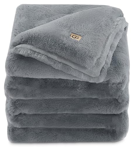 UGG Euphoria Plush Faux Fur Throw Blanket Medium Weight Reversible Luxury Soft Throw for Couch Bed or Chair Hypoallergenic Machine Washable Home Decor Blanket, 50-inch x 70-inch, Charcoal Dark Grey