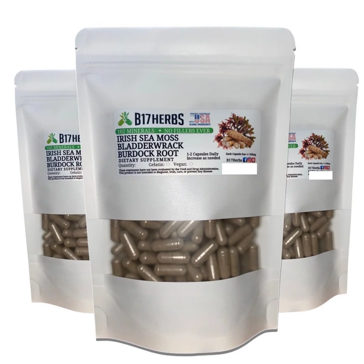 Irish Moss | Bladderwrack | Kelp | 650mg | Vegan |  [D]r Sebi | Natural | Vitamins | B17 Herbs | Sea | Minerals - Bulk Purchase 500 Caps