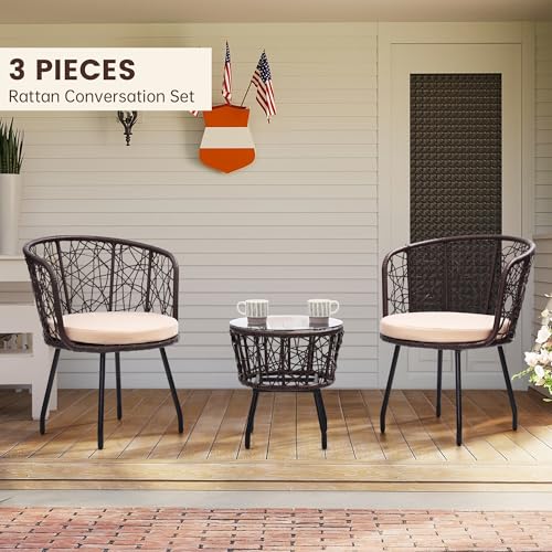 Kromax 3 Pieces Patio Rattan Bistro Conversation Set, Outdoor All-Weather Wicker Furniture Chairs and Side Table Set Ideal for Balcony, Porch and Backyard, Beige