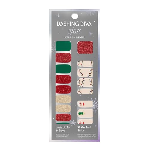 Dashing Diva Gloss Nail Strips - Santa Baby | UV Free, Chip Resistant, Long Lasting Gel Nail Stickers | Contains 32 Nail Wraps, 1 Prep Pad, 1 Nail File