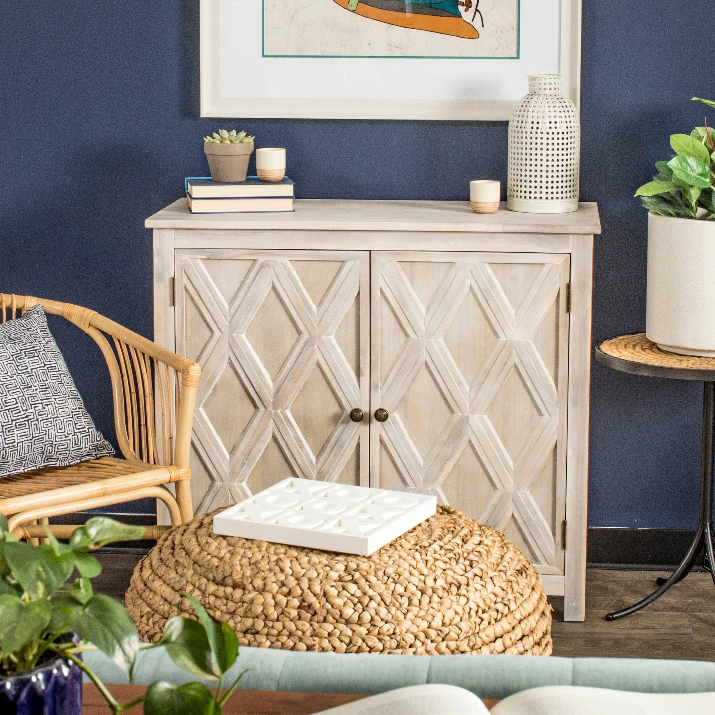 Stylecraft Home Collection VSF25846DS Crosshatch - 39 inch Two-Door Acacia Cabinet with Metal Base and Adjustable Shelf White Gr