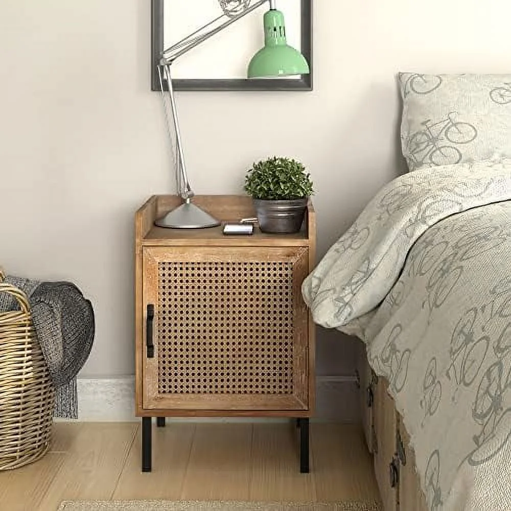KHBIULIFE Farmhouse Woven Fronts Nightstand with Drawer  Spacious  End Table with 2 Drawers   Rustic Accent  for Family  Bedroom