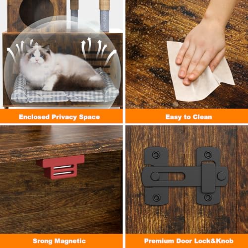 White All-in-one Cat Cabinet with Litter Box Enclosure, Scratching Post, Soft Plush Perch and Divider