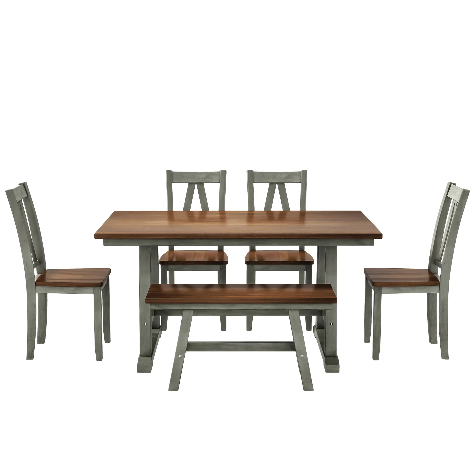 CoSoTower 6-Piece Wood Dining Table Set Kitchen Table Set with Long Bench and 4 Dining Chairs, Farmhouse Style, Walnut+Gray