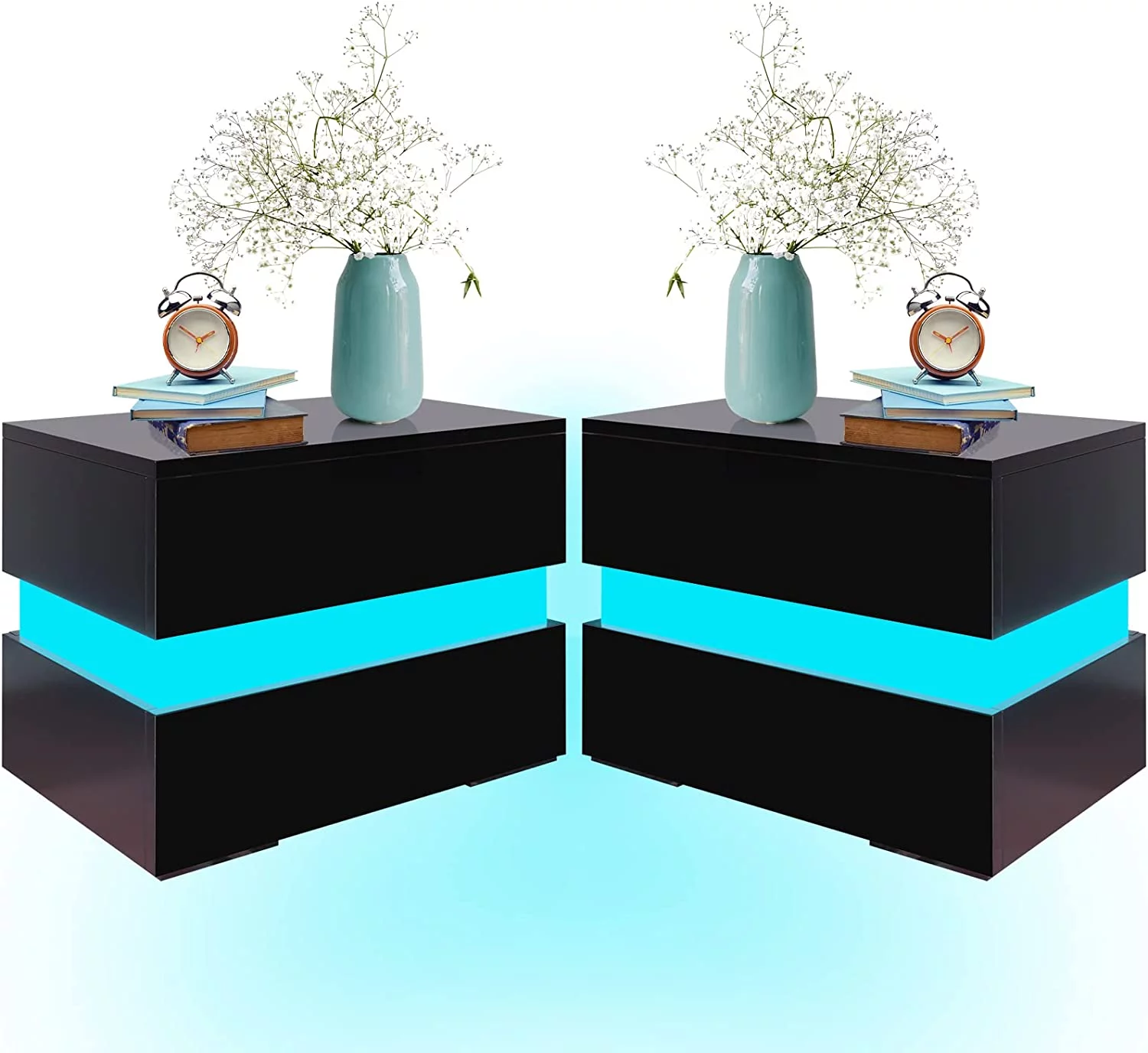 LED Nightstand Set of 2 with 2 Storage Drawers, Modern High Gloss Bedside Table with Led Lights, End Table for Bedroom Furniture, Black