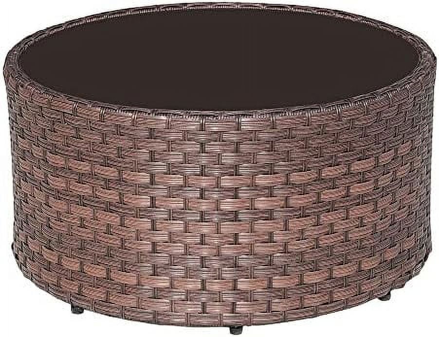 TJUNBOLIFE Round Outdoor Coffee Table with Tempered Glass Top  Rattan PE Resin Wicker Patio   Brown