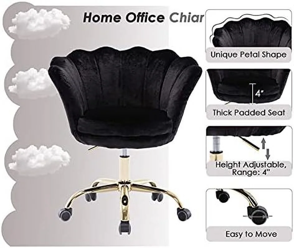 KHBIULIFE Desk Chair Velvet Cute Adjustable Vanity Chair  Office Chair Scalloped Task Chair with Wheels for Teens Adults Bedroom/Study/Make Up/Computer Room  Teal Blue