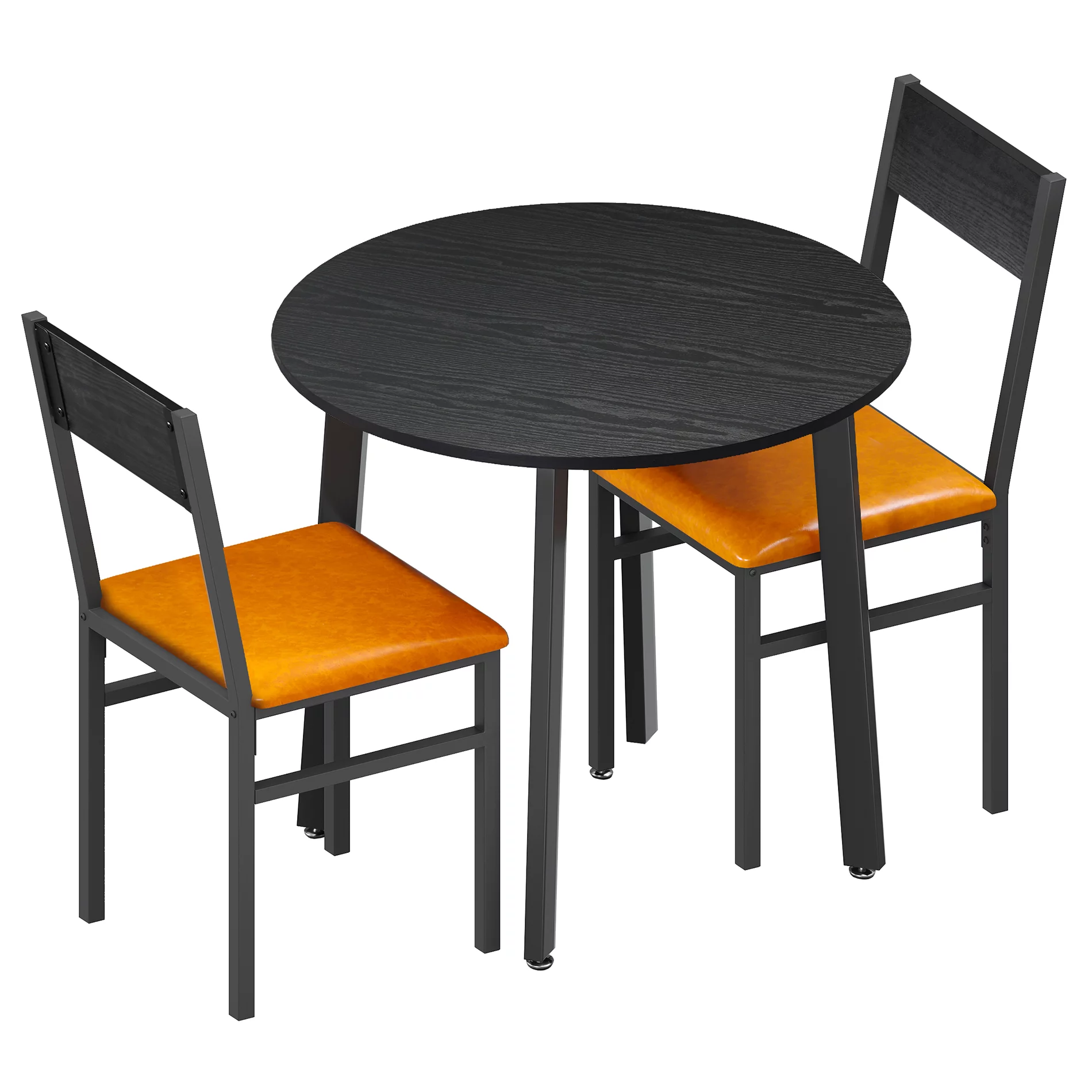 3 Piece Round Dining Table Set with 2 Cushioned Chairs, Small Kitchen Table Set for 2, Black & Brown