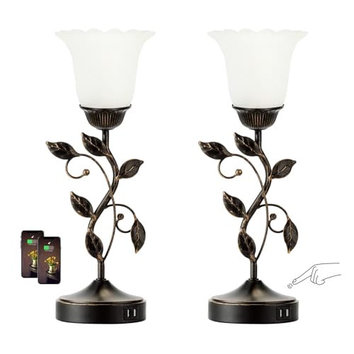 RORIANO Set of 2 Touch Bedside Vintage Lamps with 2 USB Ports, 3-Way Dimmable Flower Lamps, White Glass Shade Rustic Leaf Lamp for Bedroom Side Table, LED Bulb Included