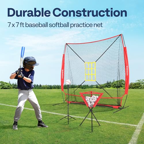 VIVOHOME Baseball Softball Hitting Net with Large Ball Collection System, 7 x 7 ft Baseball Batting Pitching Net with Tee, 2 Strike Zone, Carry Bag