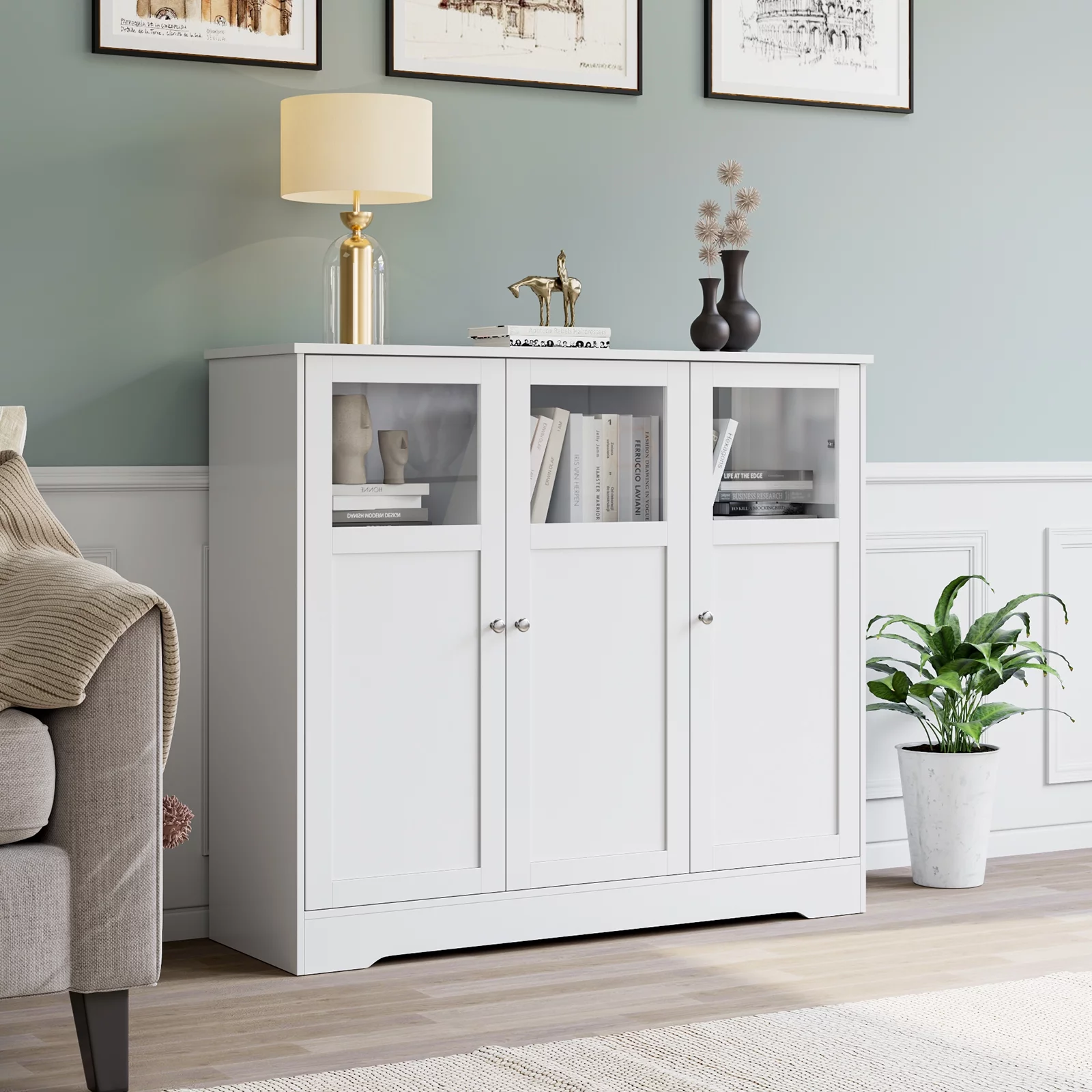 Homfa White Accent Cabinet, 37.4'' Tall Storage Sideboard Cabinet with 3 Glass Doors
