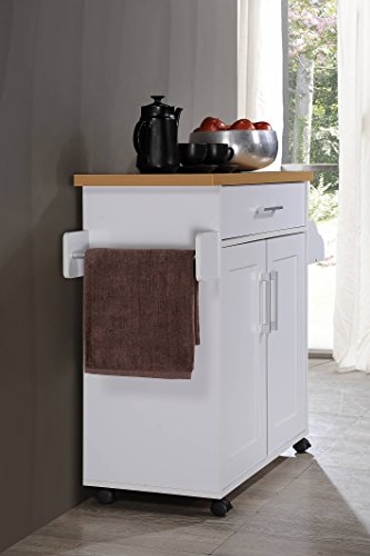 Hodedah Rolling Wood Kitchen Island Cart with Spice Rack, Towel Rack, Utensil Drawer plus Cabinet, White with Beech Top