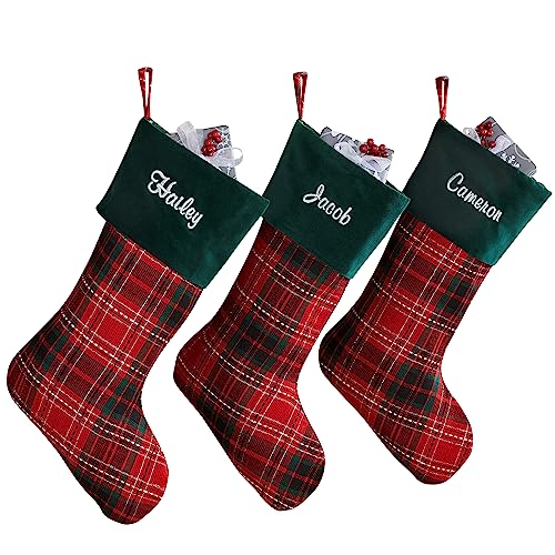 Personalization Universe Holiday Plaid Personalized Christmas Stocking, Emerald Green Velvet Cuff, Embroidered Name, Durable, 100% Polyester, 17