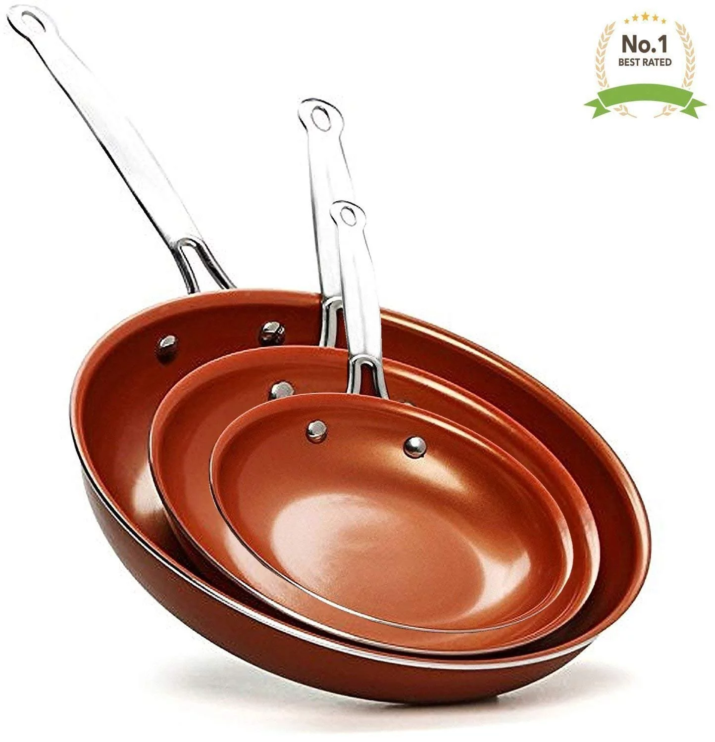 Award Winning Non Stick Copper Ceramic 3 Piece Pan Set - Round Skillet Frying Pan - Even Heating with Induction Bottom Steel Handle