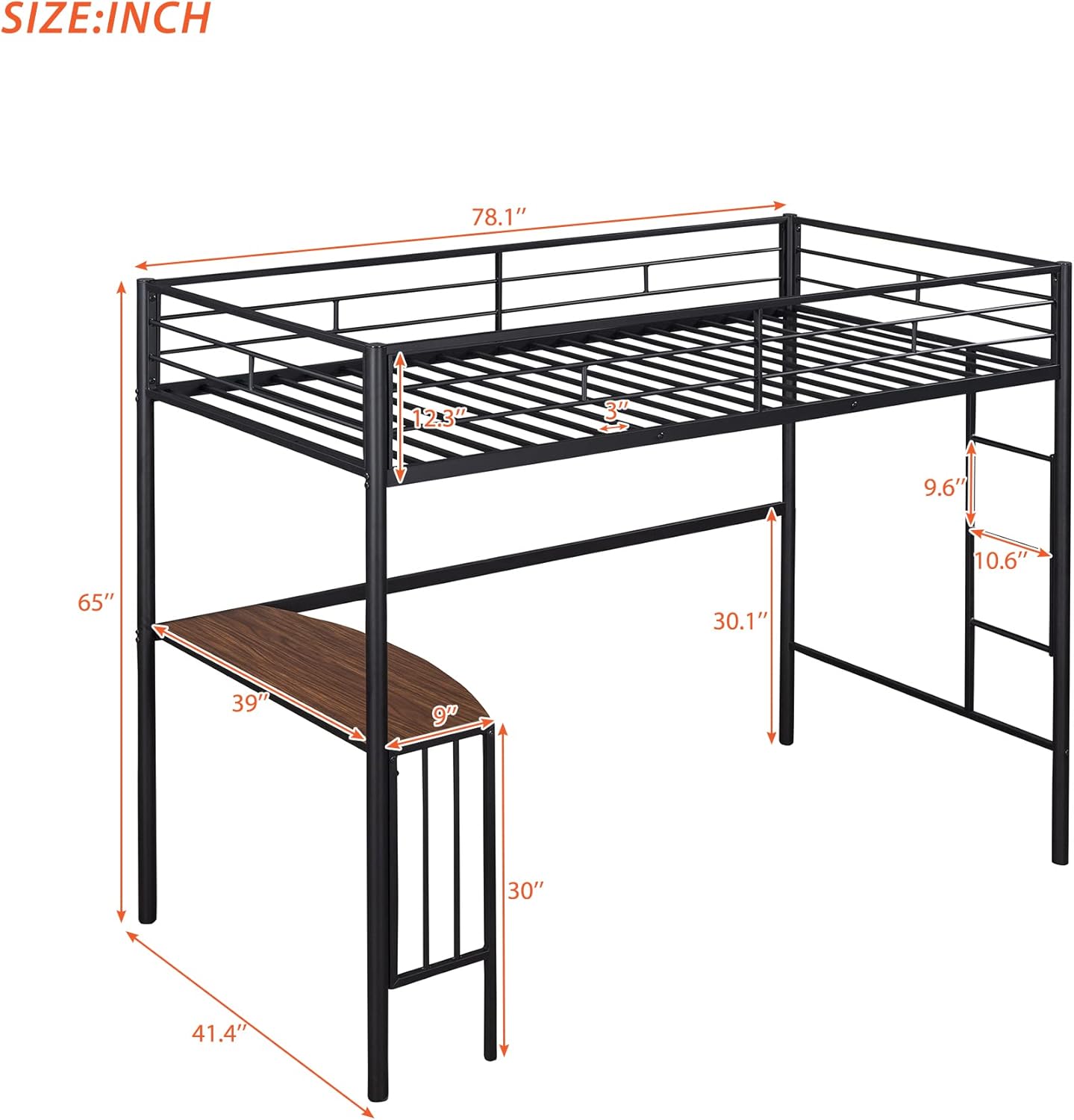 Twin Size Loft Bed, Loft Bed with Desk and Storage Shelves, Metal Twin Size Loft Bed with Desk, No Box Spring Needed (Black)