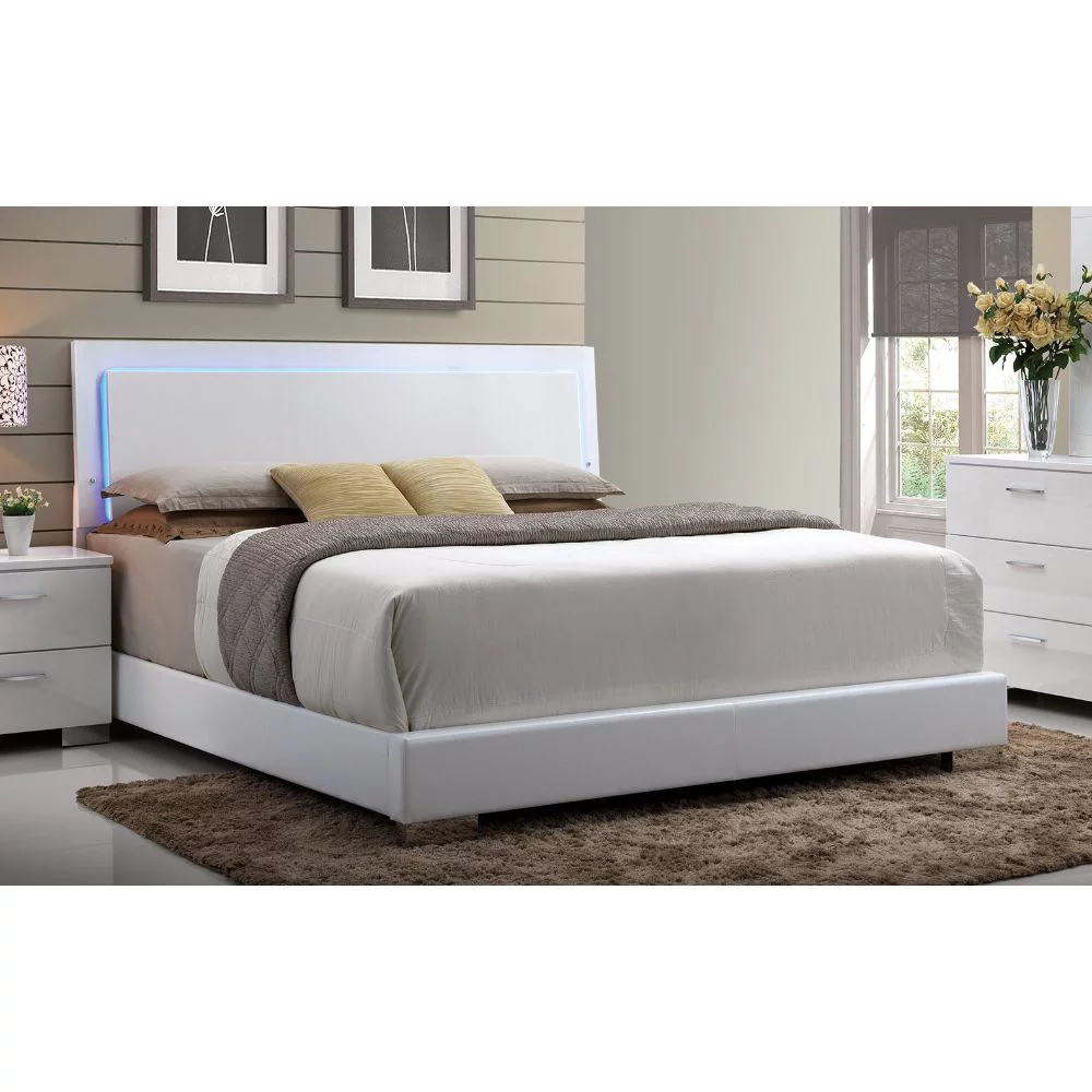 ACME Lorimar Eastern King Bed with LED in White PU, Multiple Sizes