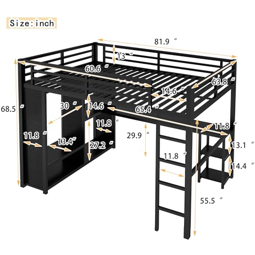 Modern Queen Size Metal Loft Bed with Built-in Wardrobe and L-Shaped Desk, Heavy Duty Loft Bed Frame with Storage Cubes and Shelves for Kids Teens Adults (Black-2.16)