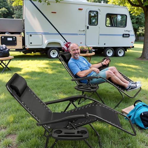 Greesum Zero Gravity Chairs Set of 2 Adjustable Steel Mesh Recliners Beach Deck Lawn Camping Patio Foldable Lounge Chair with Cup Holder Trays and Pillows,Brown