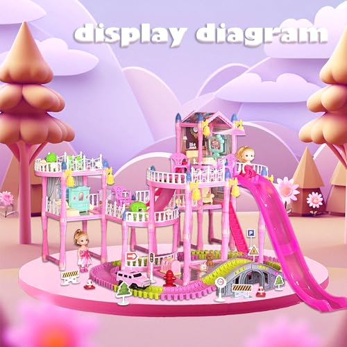 Dream Dollhouse, Racing Track, Dolls House playset with Toy Furniture and 4 Level Slide, Furniture, 3 Doll and 1 Buggy Toy and 10+ Tracks Pet and Puppy Play Area 13 Rooms