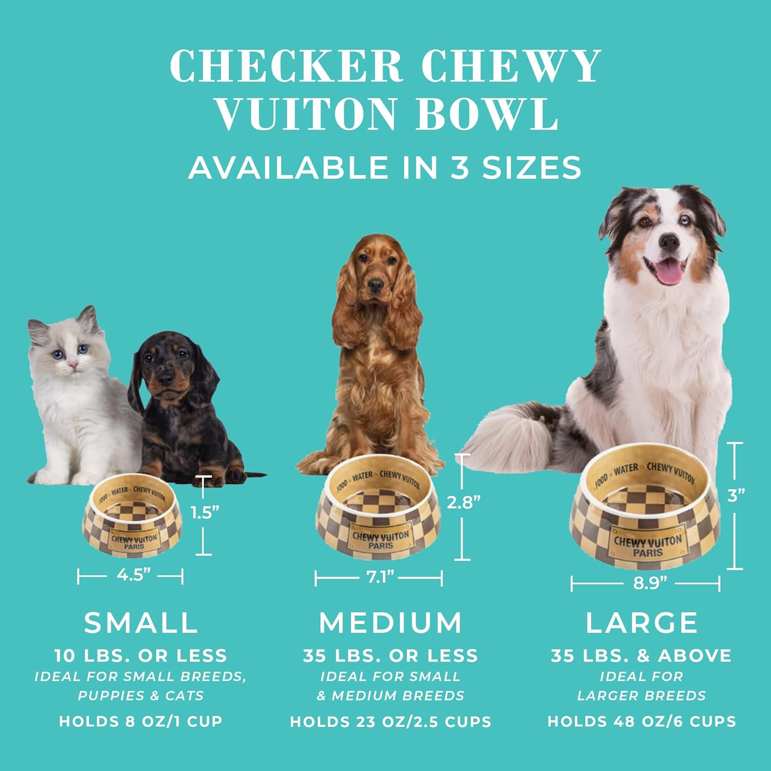 Checker Chewy Vuiton Dog Bowls & Placemat, BPA-Free Food & Water Bowls, Non-Skid, Dishwasher Safe, Includes Food Mat, Small Size, Case of 2.