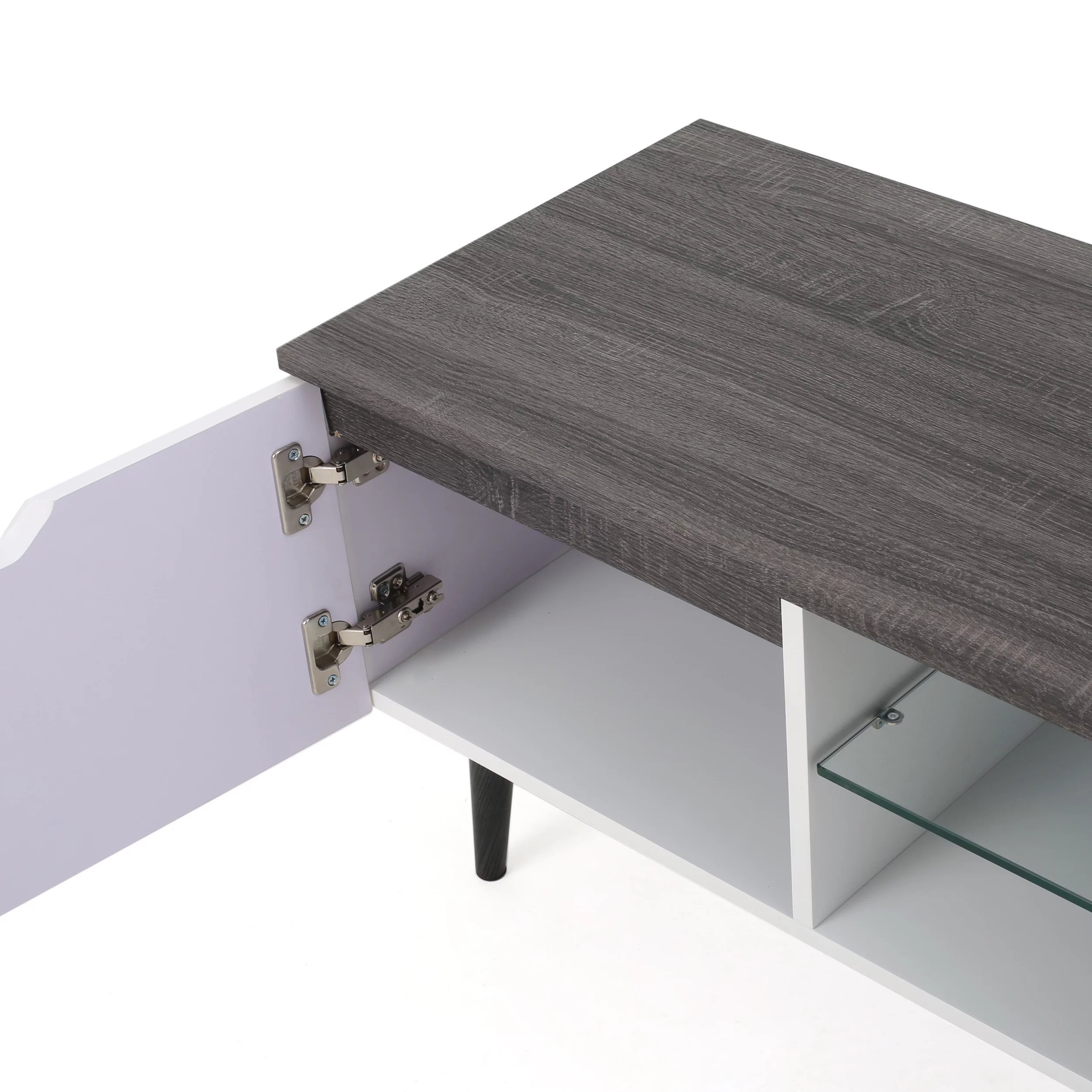 Aldrige Mid-Century Modern Two-Toned TV Stand with Glass Shelf, Gray and Matte White