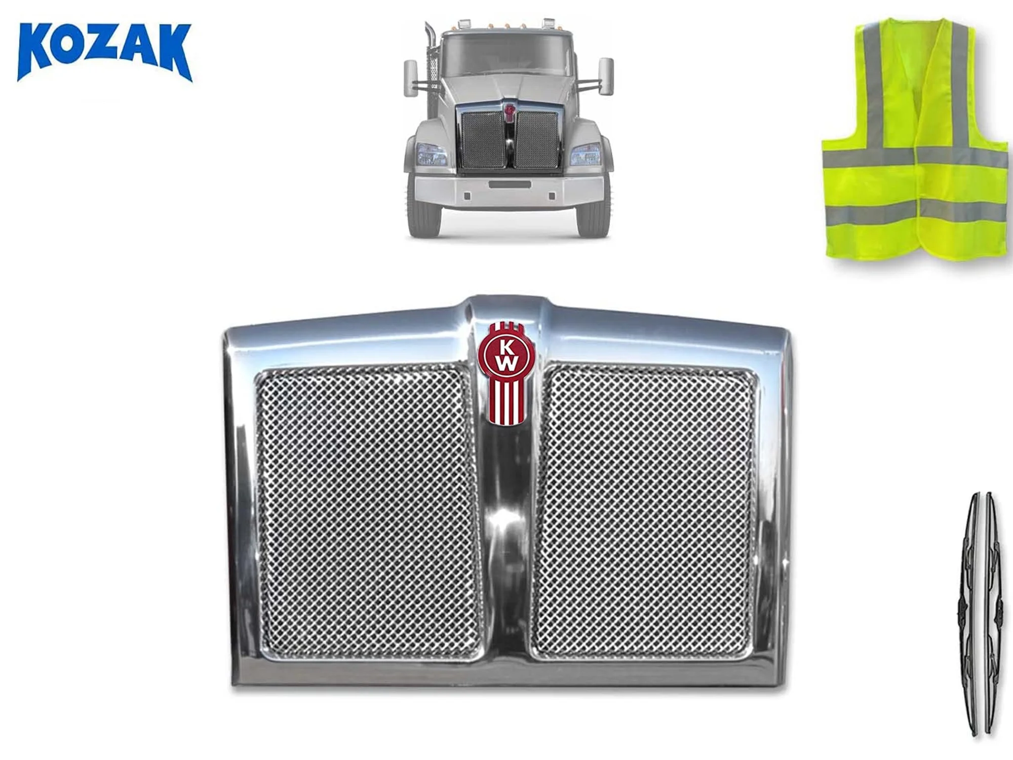 KOZAK Chrome Grille Frame with Bug Screen (Plastic chrome surround) for Kenworth T880 PLUS Logo Grill Emblem, 2x22