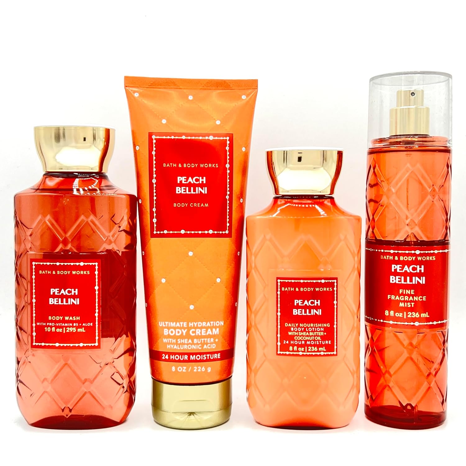 Bath & Body Works Peach Bellini 4-Piece Bundle ~ Body Wash, Ultimate Hydration Body Cream, Daily Nourishing Body Lotion and Fine Fragrance Mist