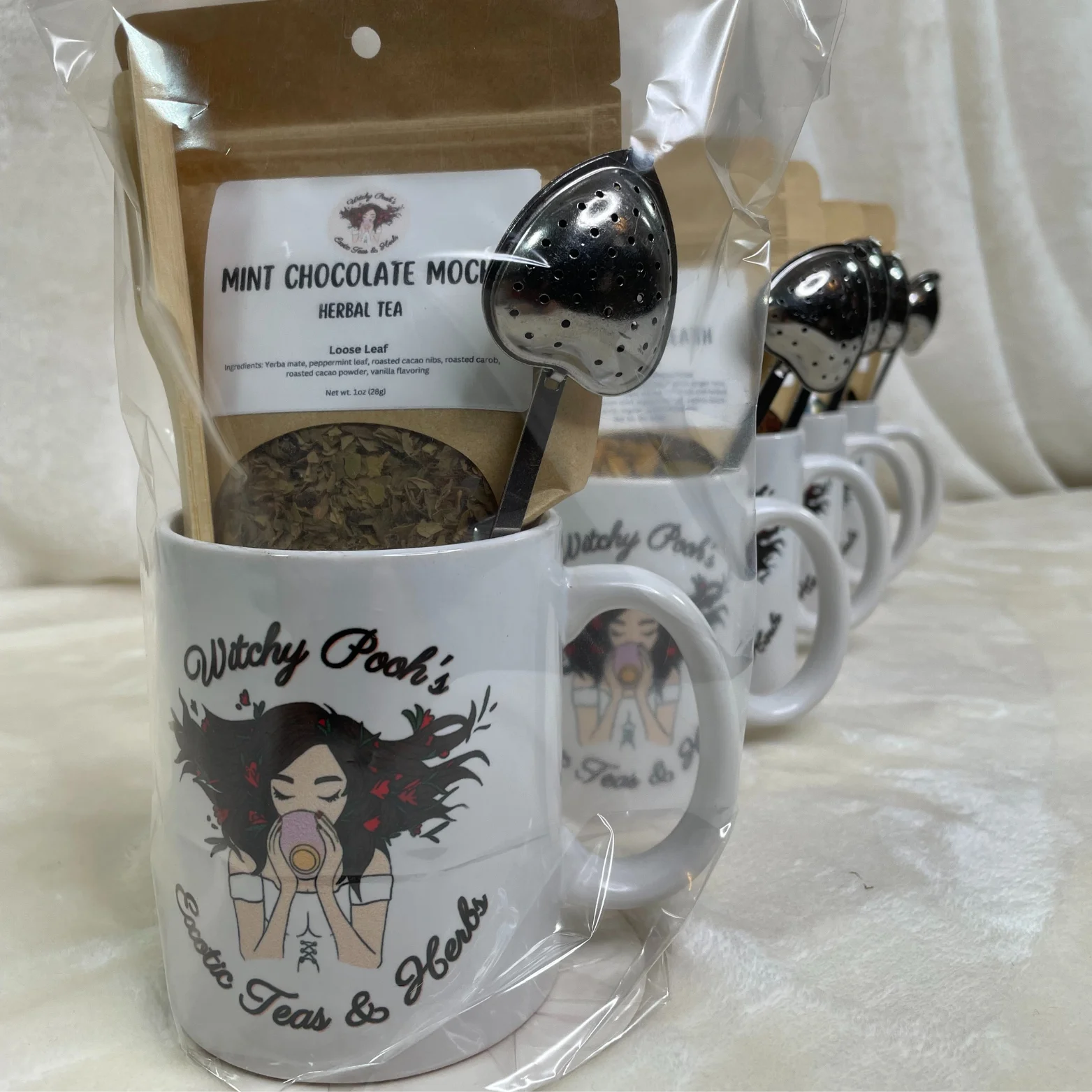 Mint Chocolate Mocha Herbal Tea Gift Mug Set With Heart Infuser with Handle & Wooden Spoon, Witchy Pooh's