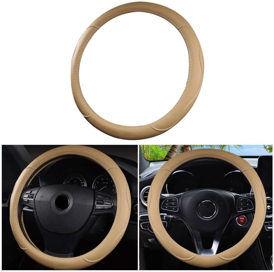 Leather Car Steering Wheel Cover, Soft Breathable Anti-Slip Waterproof Automotive Steering Wheel Protector for Men Women, 14.5-15 Inch Universal for Most Vehicles Trucks SUVs RVs（Beige）