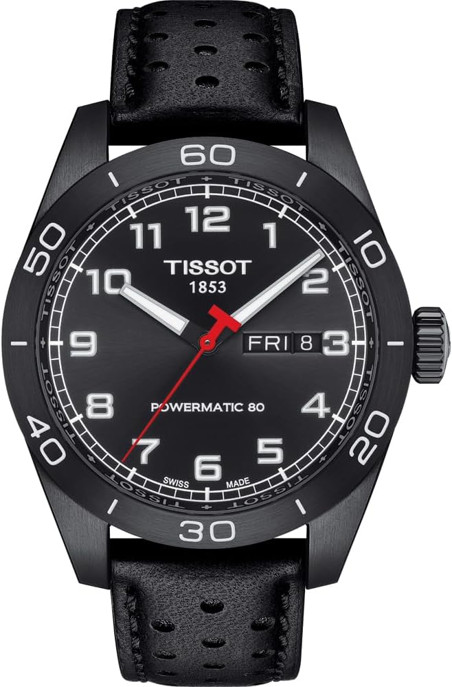 Tissot Mens PRS 516 Powermatic 80 316L Stainless Steel case with Black PVD Coating Automatic Watch, Black, Leather, 20 (T1314303605200)