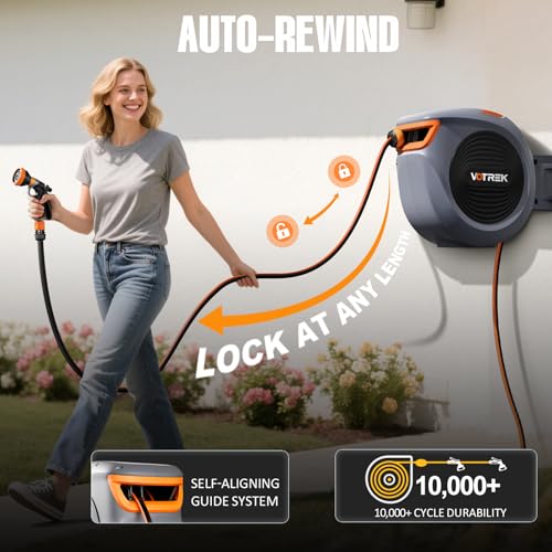 Retractable Garden Hose Reel Outside [1/2 inch ×100 FT], VOTREK Automatic Rewind Wall Mounted Hose Reel [Heavy Duty] with Any Length Lock, 180° Swivel Bracket, 9-Mode Nozzle for Watering Cleaning