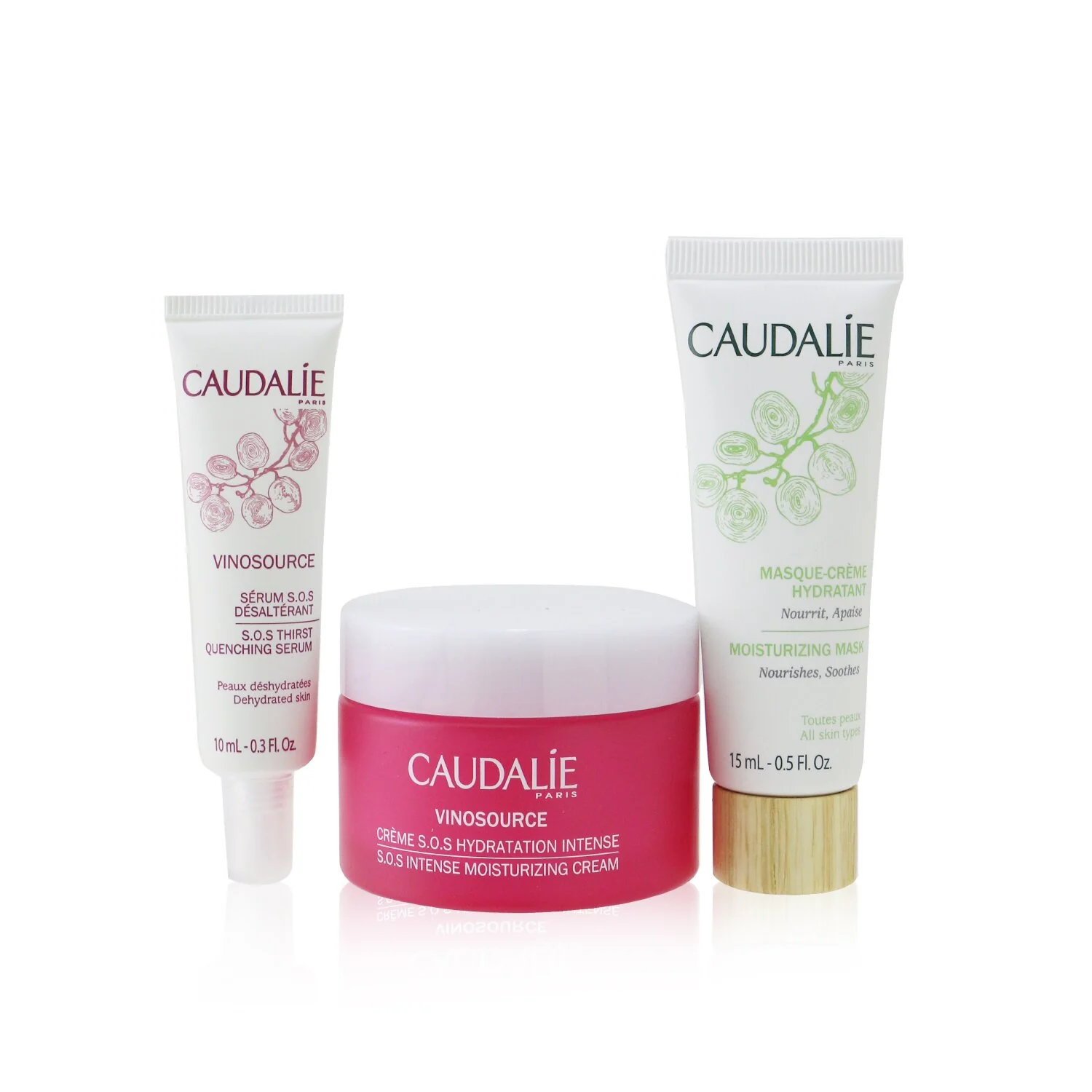 Caudalie Vinosource Intense Hydration S.O.S Set: Moisturizing Cream 50ml+ S.O.S Thirst-Quenching Serum 10ml+ Moisturizing Mask 15ml  3pcs